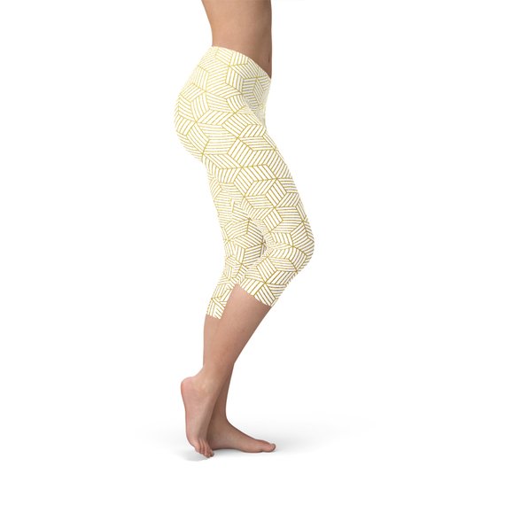 Womens White Capri Leggings w/ Geometric Cubes displayed on model, showcasing unique design and fit.