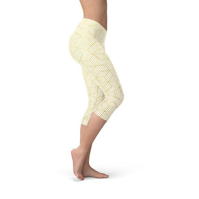 Womens White Capri Leggings w/ Geometric Cubes displayed on model, showcasing unique design and fit.