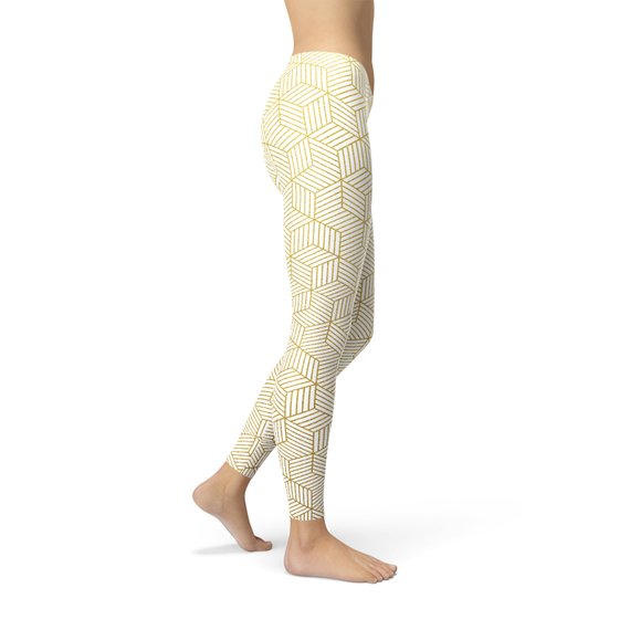 Womens White Leggings w/ Geometric Cubes featuring a unique geometric design in a lightweight fabric.