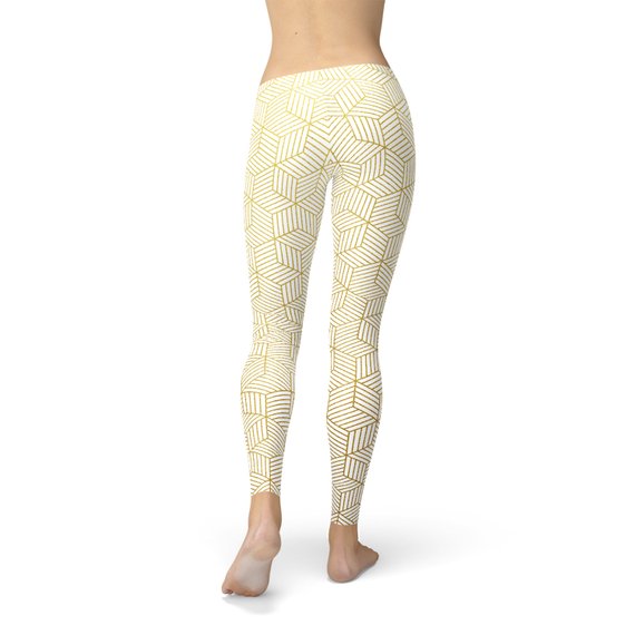 Womens White Leggings w/ Geometric Cubes featuring a geometric cube design in a stylish, colorful pattern.