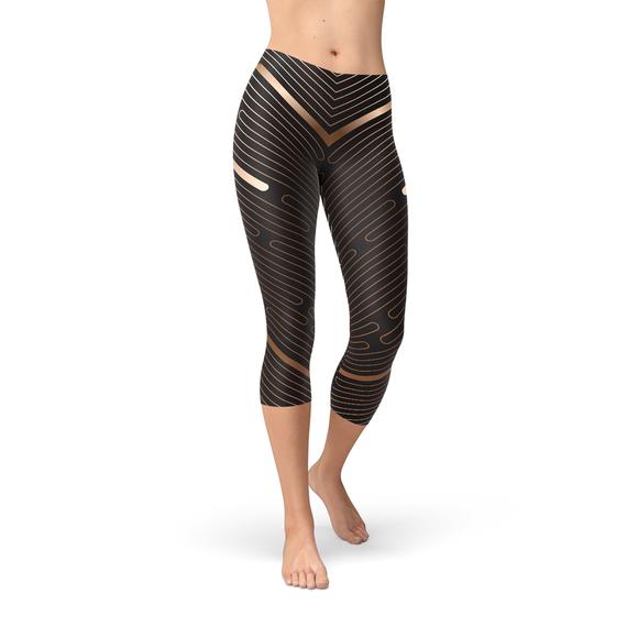 Womens Striped Lines Sports Brown Capri Leggings on model showcasing premium quality and unique graphic design.