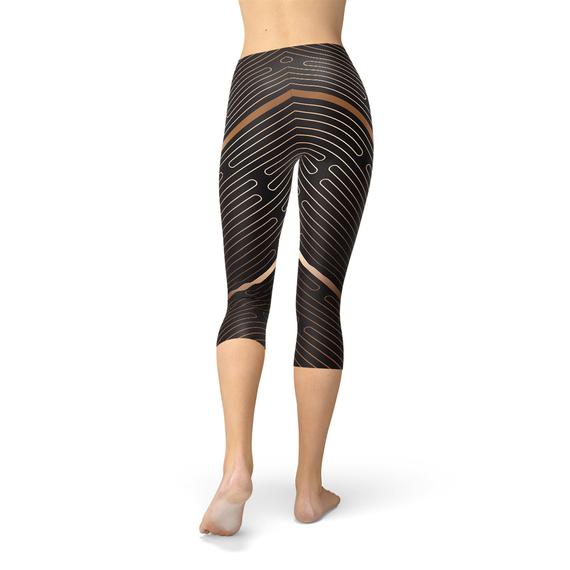 Womens Striped Lines Sports Brown Capri Leggings featuring unique striped design and comfortable fit.