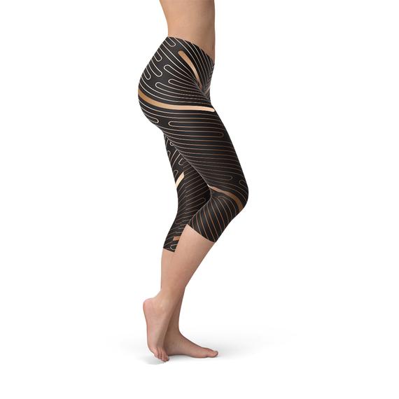 Womens Striped Lines Sports Brown Capri Leggings displayed on a model showcasing the unique design and fit.
