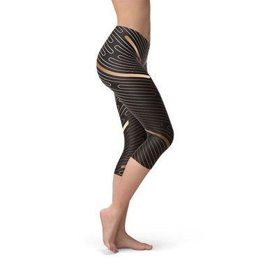 Womens Striped Lines Sports Brown Capri Leggings displayed on a model showcasing the unique design and fit.
