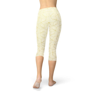 Womens White Capri Leggings w/ Geometric Cubes featuring a unique geometric design, perfect for comfort and performance.