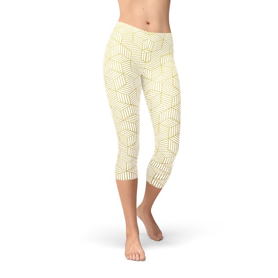 Womens White Capri Leggings w/ Geometric Cubes showcasing a unique graphic design for performance and comfort.