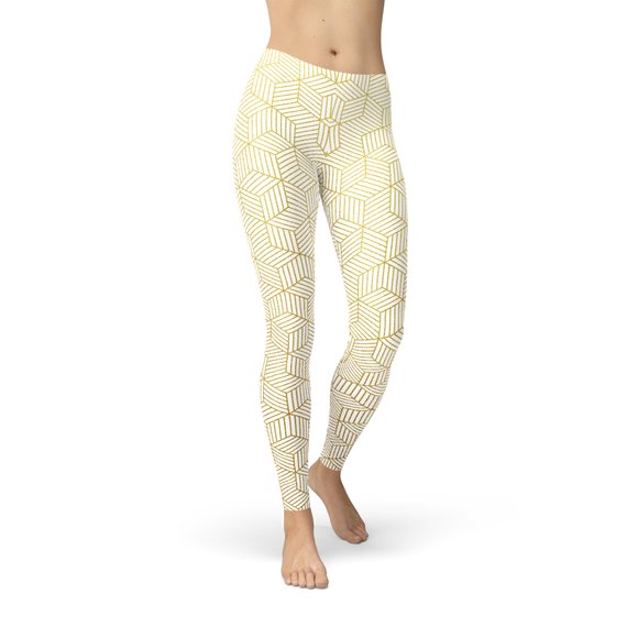 Womens White Leggings w/ Geometric Cubes - Premium full length leggings with geometric design.