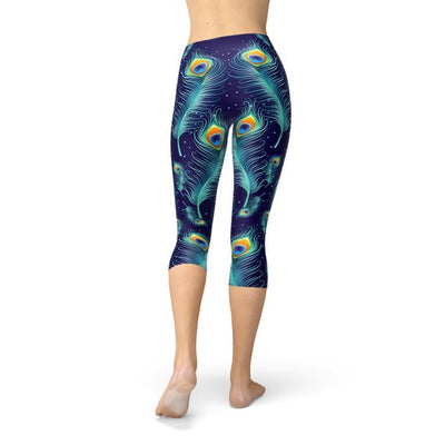 Blue Peacock Feathers Capri Leggings