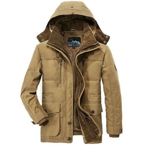 Mens Hooded Winter Parka Coat with Inner Fleece in khaki color, perfect for winter warmth and style.