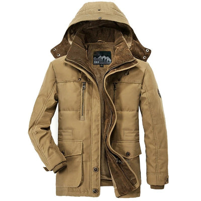Mens Hooded Winter Parka Coat with Inner Fleece in khaki color, featuring a stylish hood and warm fleece lining.