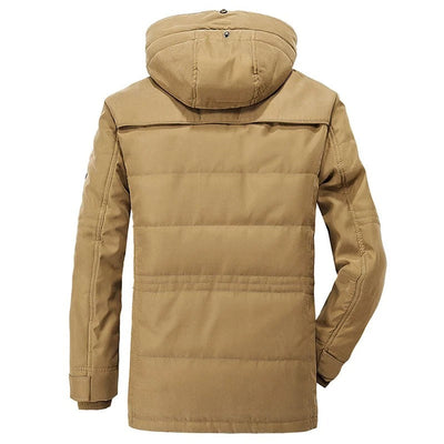 Mens Hooded Winter Parka Coat with Inner Fleece in khaki color, showcasing the back view and hood.