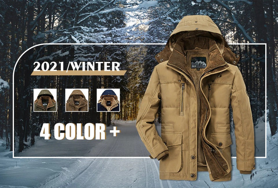 Mens Hooded Winter Parka Coat with Inner Fleece in multiple colors displayed in a winter forest setting.