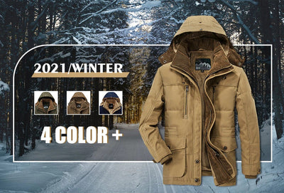 Mens Hooded Winter Parka Coat with Inner Fleece in multiple colors displayed in a winter forest setting.