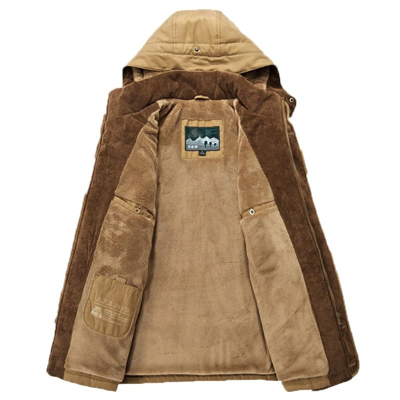 Mens Hooded Winter Parka Coat with Inner Fleece, showing tan fleece lining and brown exterior.
