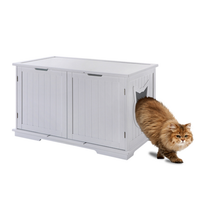 X-Large Cat Washroom Bench Litter Box Enclosure Furniture Box House with a fluffy cat entering.