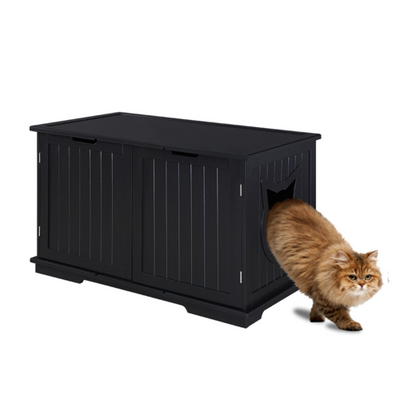 X-Large Cat Washroom Bench Litter Box Enclosure Furniture Box House with a cat exiting.