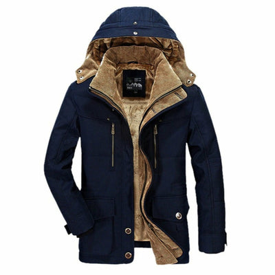 Mens Hooded Winter Parka Coat with Inner Fleece in Navy, featuring a warm fleece lining and stylish design.