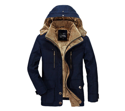 Mens Hooded Winter Parka Coat with Inner Fleece in navy color, featuring cozy fleece lining and stylish design.