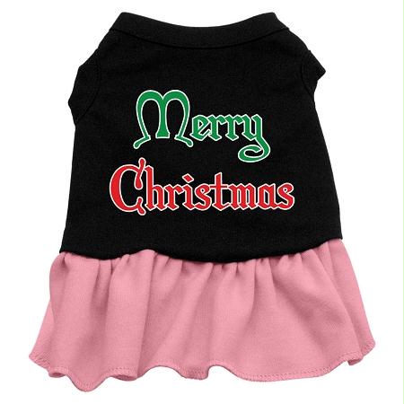 Mirage Pet Products Merry Christmas Screen Print Dress featuring a black top with pink ruffled hem and Christmas design.