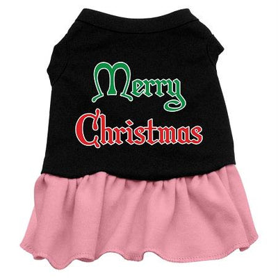 Mirage Pet Products Merry Christmas Screen Print Dress featuring a black top with pink ruffled hem and Christmas design.