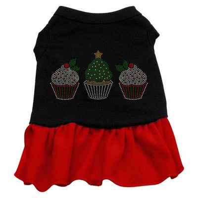 Mirage Pet Products Christmas Cupcakes Rhinestone Dress B with ruffled red bottom and festive cupcake design.