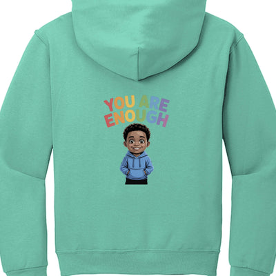 You are enough Adult Jerzees Pullover Hood featuring cheerful character illustration on a mint green hoodie.