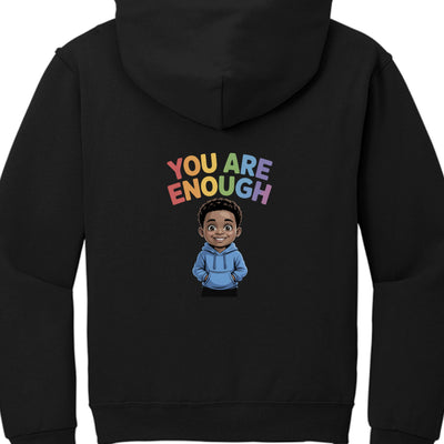 You are enough Adult Jerzees Pullover Hood featuring colorful text and a smiling child illustration on a black hoodie.