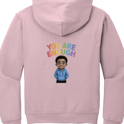You are enough Adult Jerzees Pullover Hood in pink featuring a cheerful cartoon character and colorful text design.