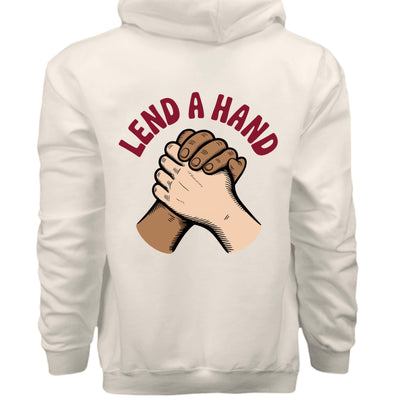 Back view of white hooded pullover showing graphic of two hands clasped with text 'Lend a Hand' above.