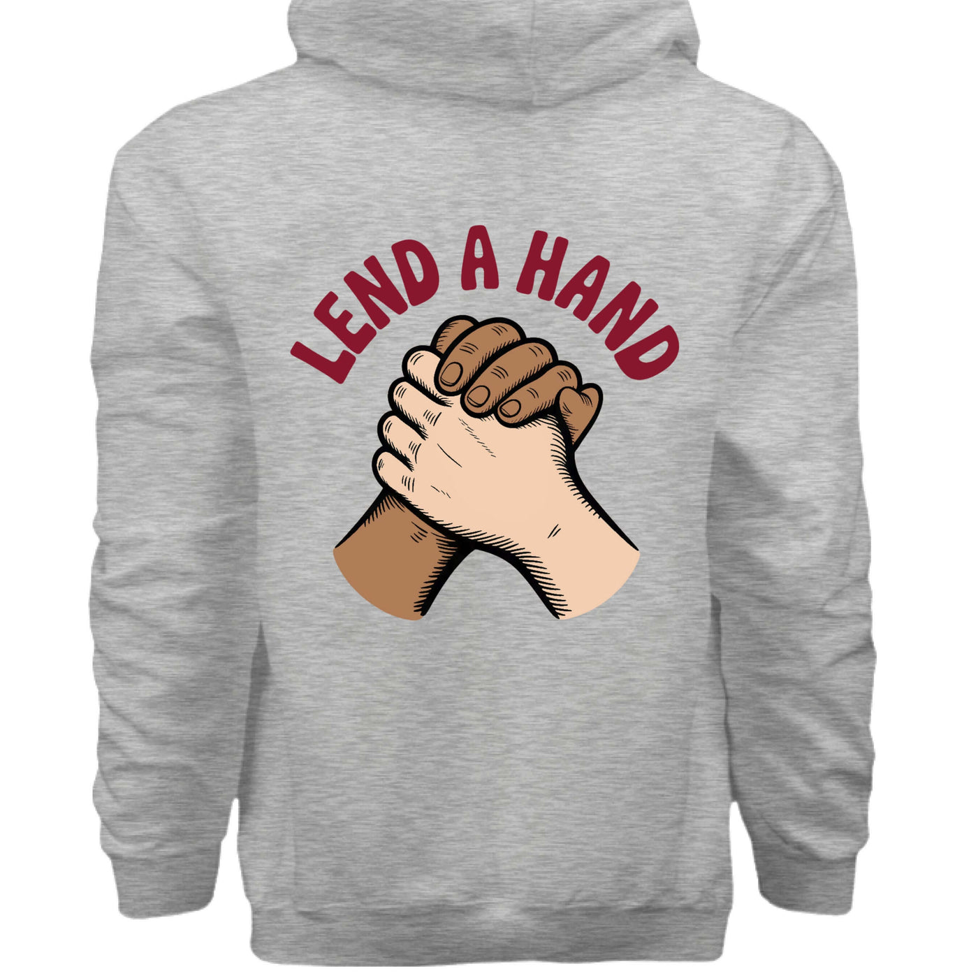 Lend a Hand graphic on grey pullover hoodie featuring joined hands symbolizing unity and support.