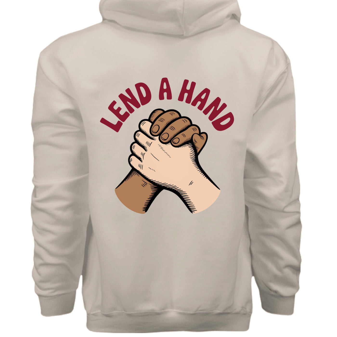 Lend a Hand graphic design on a pullover hooded sweatshirt featuring intertwined hands.