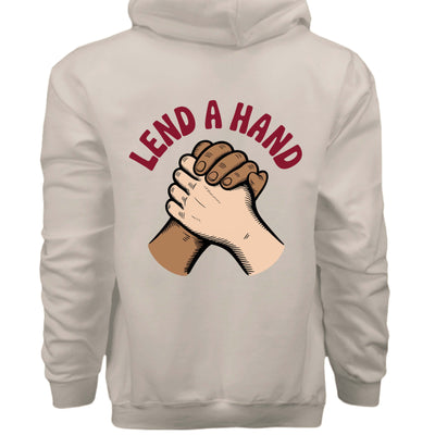 Lend a Hand graphic design on a pullover hooded sweatshirt featuring intertwined hands.