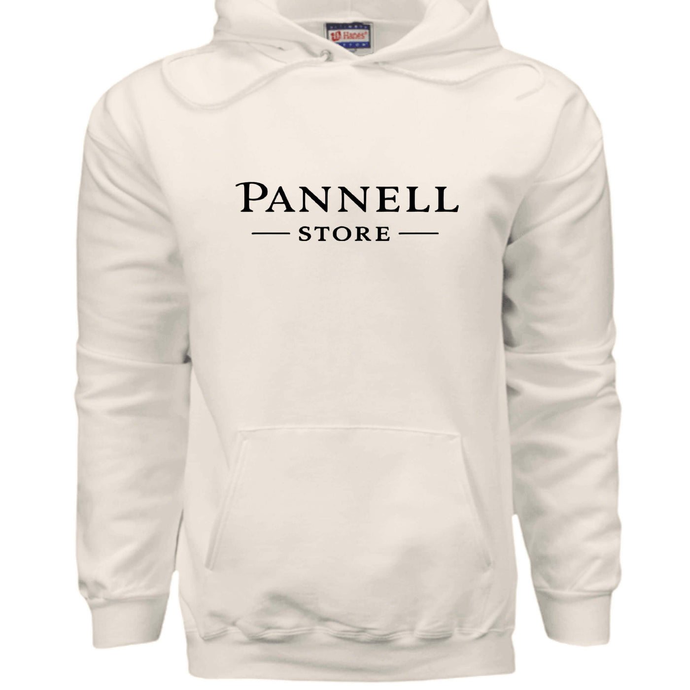 Lend a Hand - White pullover hooded sweatshirt with 'PANNELL STORE' text on front.