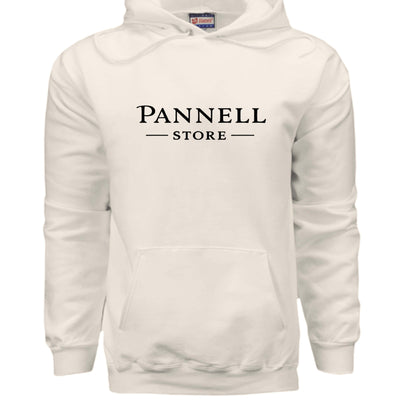 Lend a Hand - White pullover hooded sweatshirt with 'PANNELL STORE' text on front.