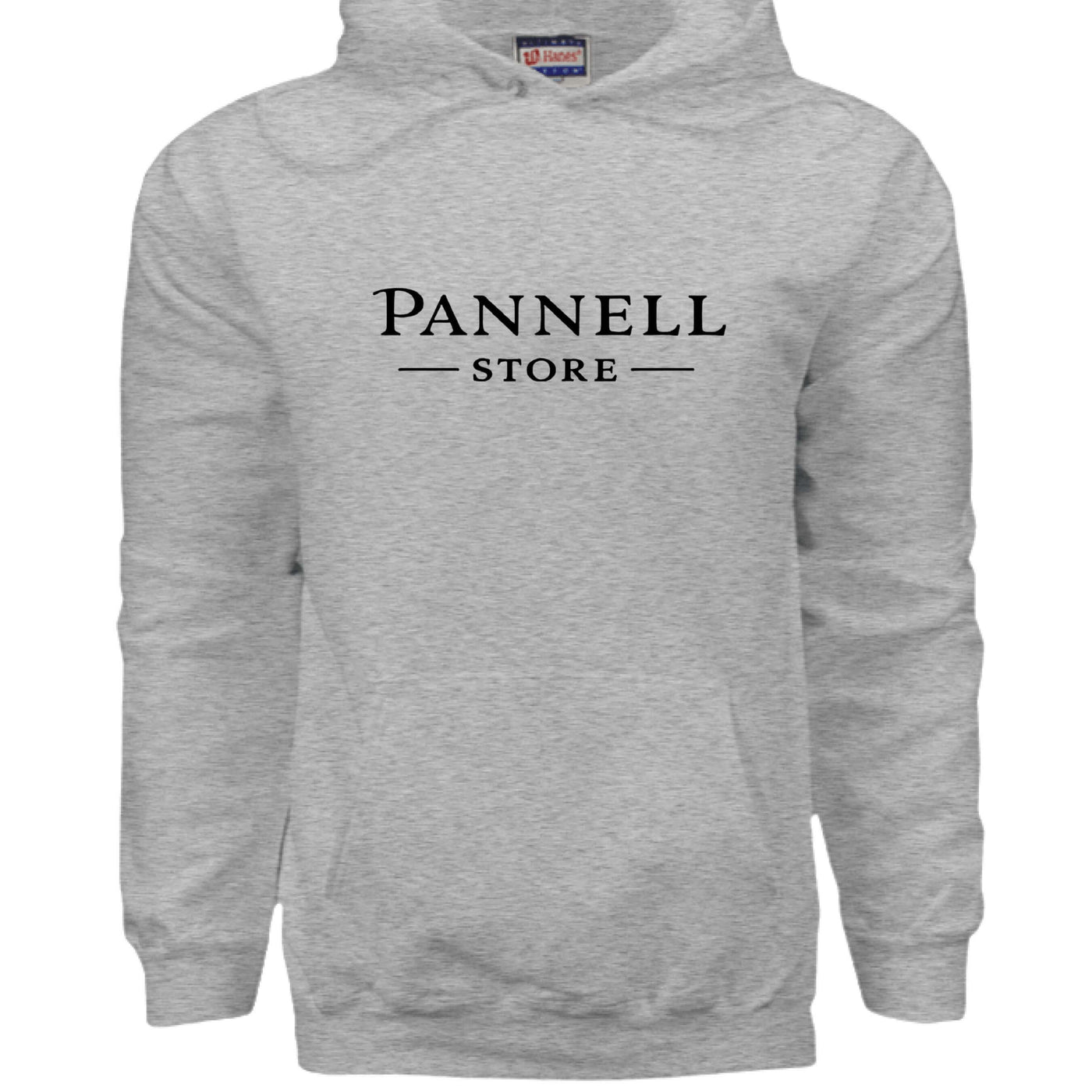 Lend a Hand - HANES BRAND MATERIAL, gray pullover hooded sweatshirt featuring Pannell Store logo.
