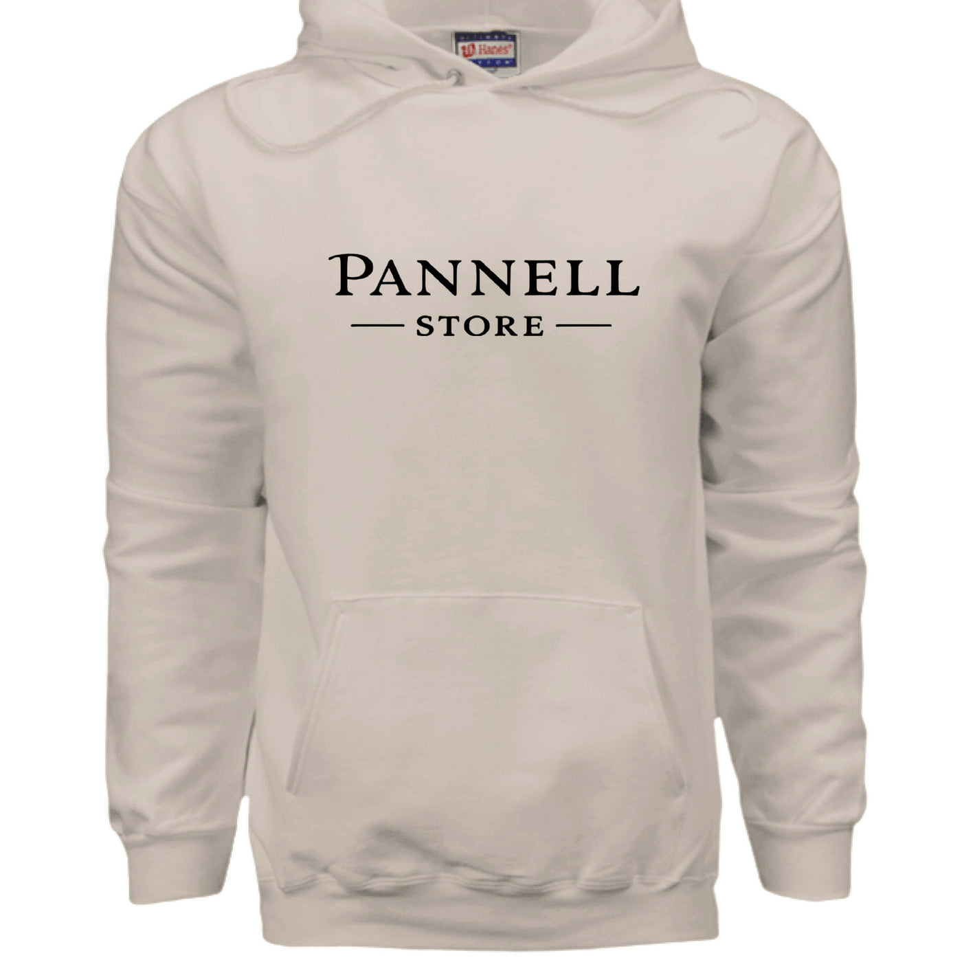 Lend a Hand - Hanes brand pullover hooded sweatshirt in white with Pannell Store logo.