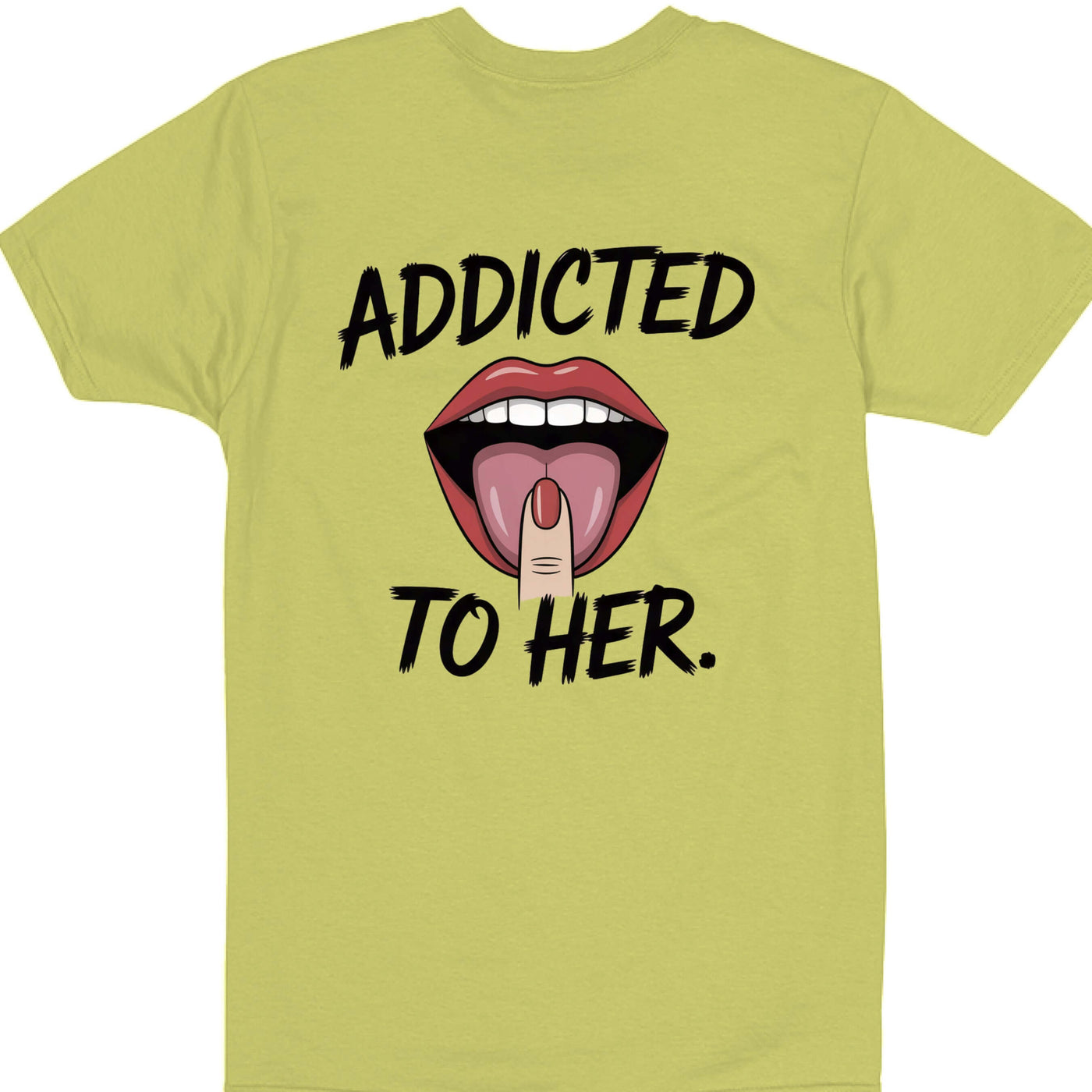 Addicted Tees Light t-shirt featuring graphic of lips and text 'ADDICTED TO HER' on a light yellow background.