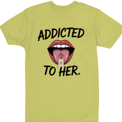 Addicted Tees Light t-shirt featuring graphic of lips and text 'ADDICTED TO HER' on a light yellow background.