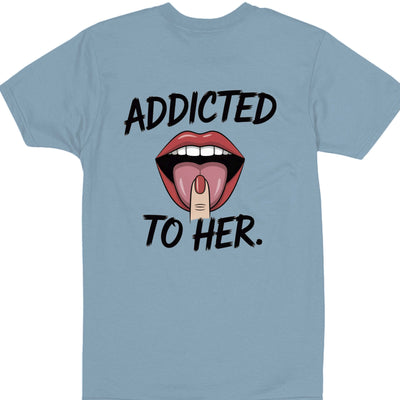 Addicted Tees Light graphic t-shirt design featuring lips and the phrase "Addicted To Her." on a light blue background.