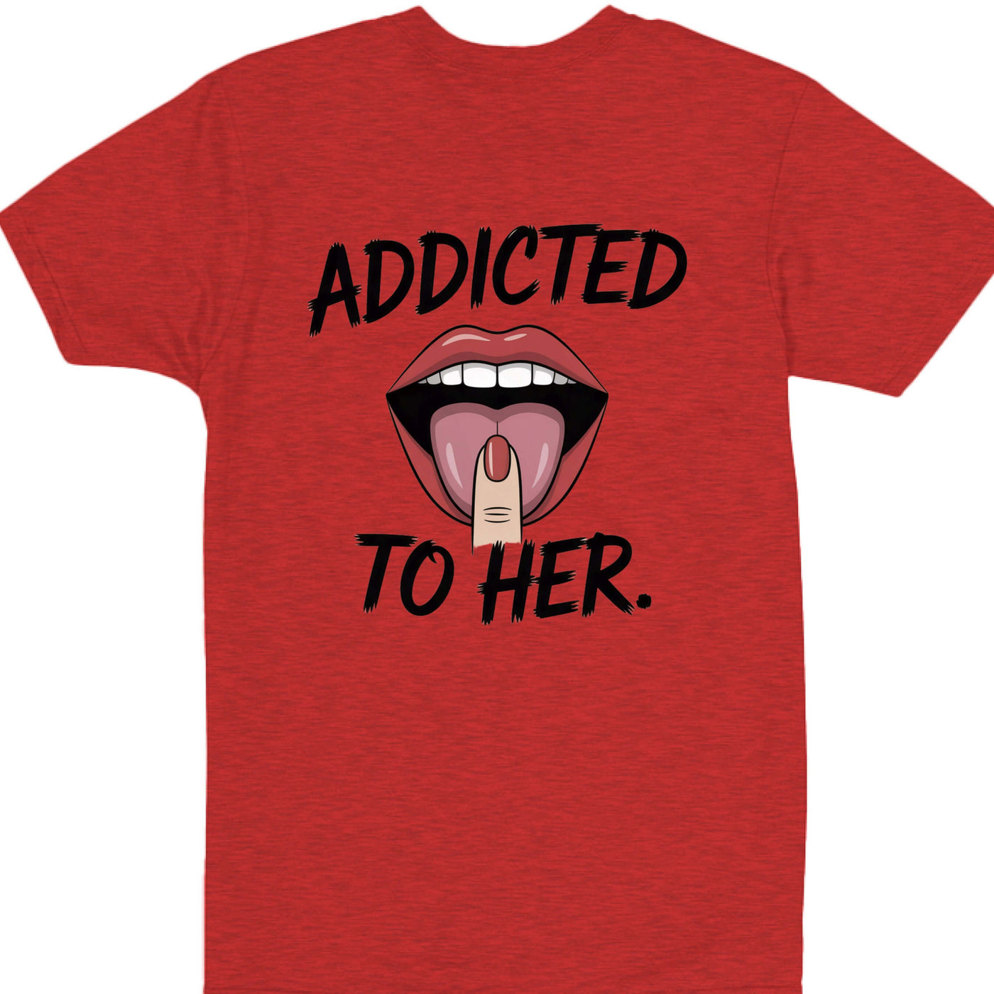 Addicted Tees Light t-shirt design featuring graphic of lips and text 'ADDICTED TO HER' on red background.