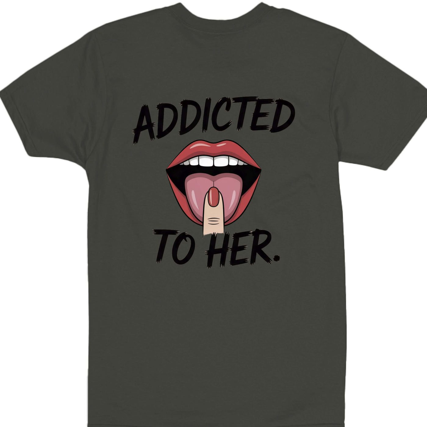 Addicted Tees Dark shirt featuring graphic of lips and a playful slogan 'Addicted To Her.' on a dark background.