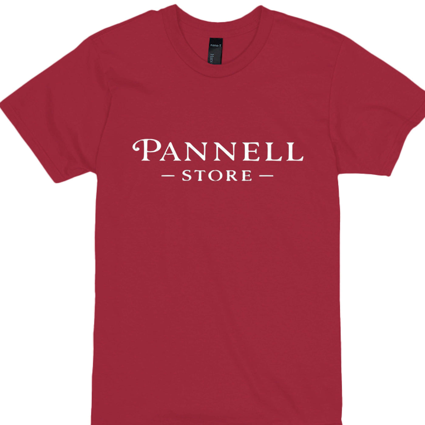 Addicted Tees Dark red t-shirt featuring 'Pannell Store' design on the front.
