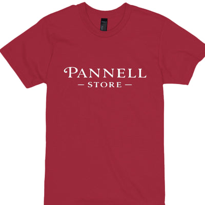 Addicted Tees Dark red t-shirt featuring 'Pannell Store' design on the front.