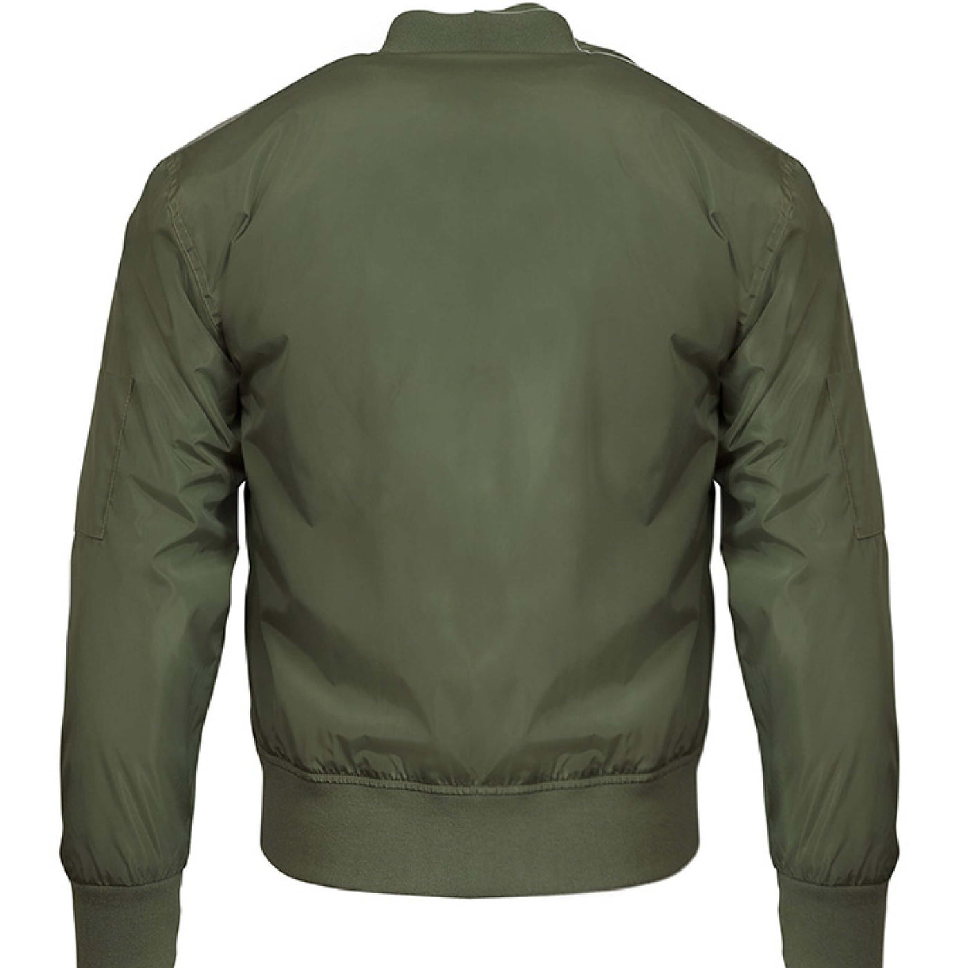 Pannell Store Bomber Jacket back view in olive green, showcasing the design and material details.