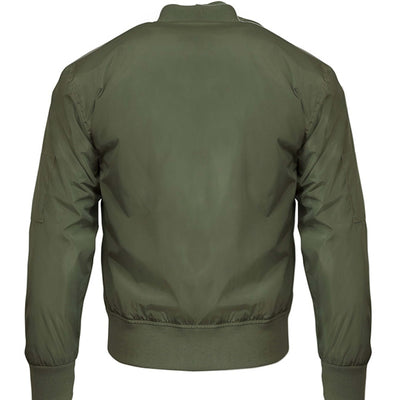 Pannell Store Bomber Jacket back view in olive green, showcasing the design and material details.