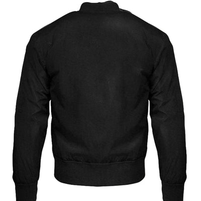 Pannell Store Bomber Jacket view from the back, featuring a sleek black design and stylish bomber jacket silhouette.
