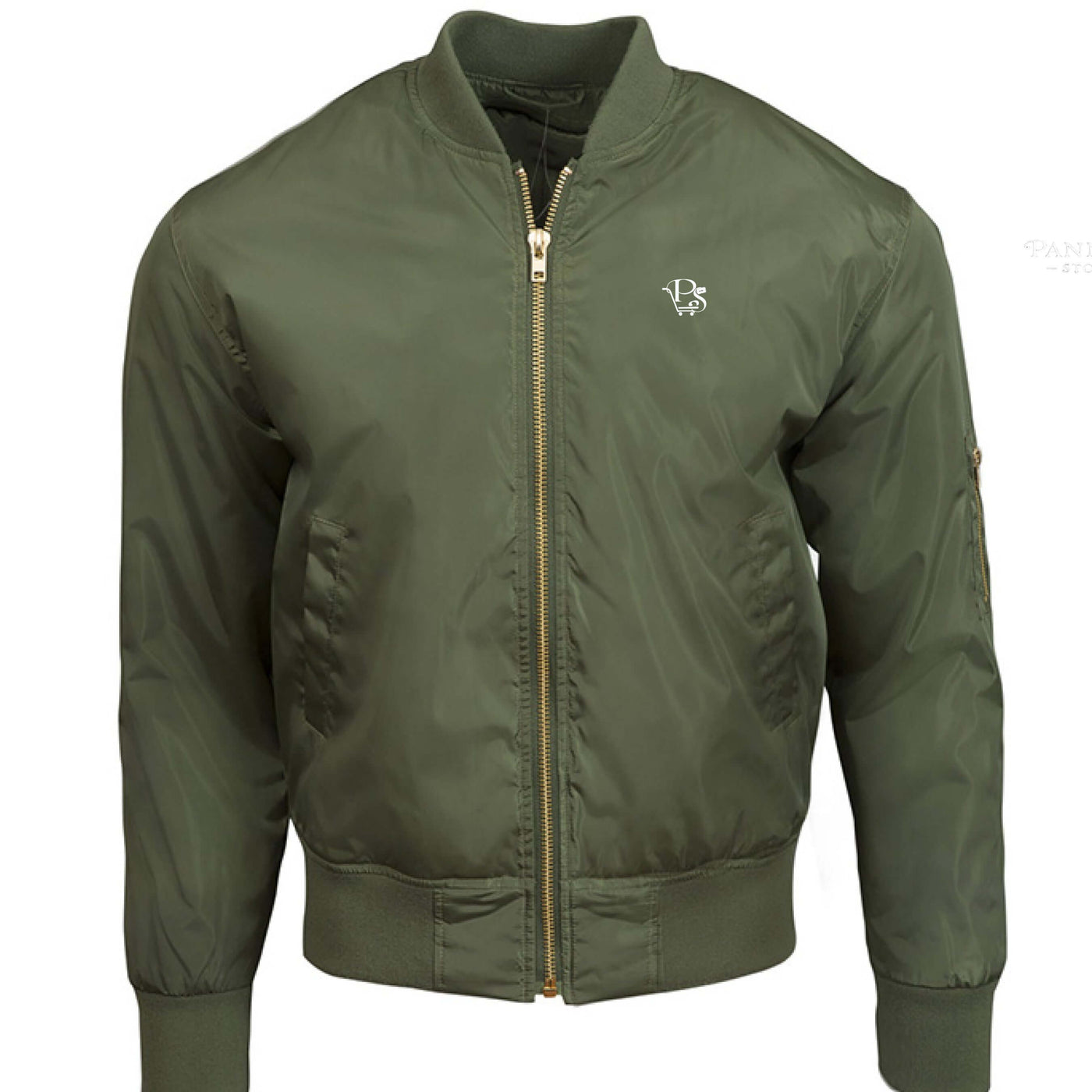 Pannell Store Bomber Jacket in olive green with gold zipper and embroidered logo on chest.