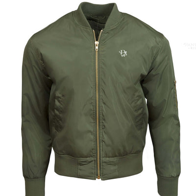 Pannell Store Bomber Jacket in olive green with gold zipper and embroidered logo on chest.