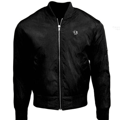 Pannell Store Bomber Jacket in black, featuring a zipper and stylish design, made with recycled materials.