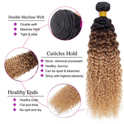 10A Grade Ombre #27 Kinky Curly #1B/4/27 BUNDLES with 4x4 CLOSURES & 1